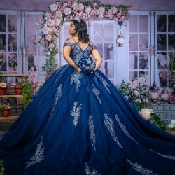 Navy Blue Quinceanera Dress Sweet 15 Gowns Off Shoulder 2024 Ball Gown Princess Dresses V Neck Lace Appliques Birthday Party Robe