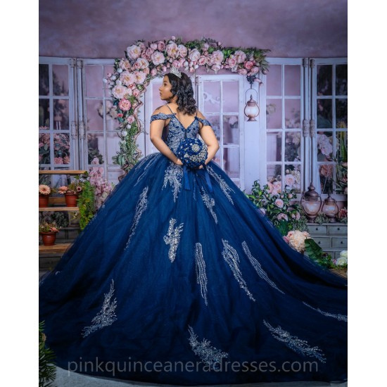 Navy Blue Quinceanera Dress Sweet 15 Gowns Off Shoulder 2024 Ball Gown Princess Dresses V Neck Lace Appliques Birthday Party Robe