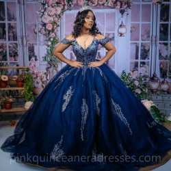 Navy Blue Quinceanera Dress Sweet 15 Gowns Off Shoulder 2024 Ball Gown Princess Dresses V Neck Lace Appliques Birthday Party Robe