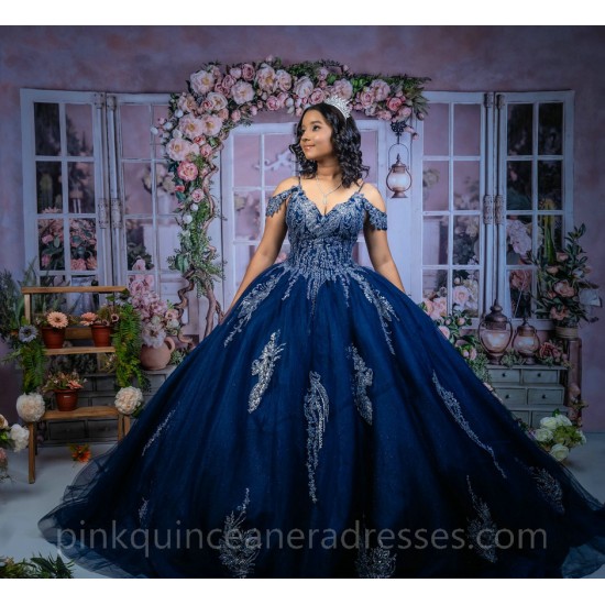 Navy Blue Quinceanera Dress Sweet 15 Gowns Off Shoulder 2024 Ball Gown Princess Dresses V Neck Lace Appliques Birthday Party Robe