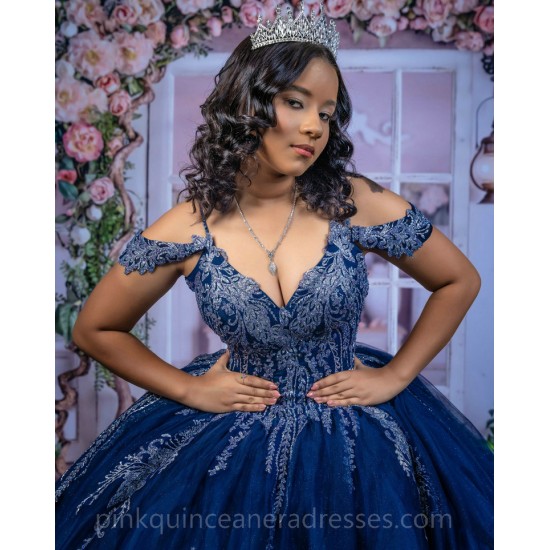 Navy Blue Quinceanera Dress Sweet 15 Gowns Off Shoulder 2024 Ball Gown Princess Dresses V Neck Lace Appliques Birthday Party Robe