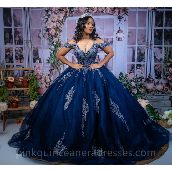 Navy Blue Quinceanera Dress Sweet 15 Gowns Off Shoulder 2024 Ball Gown Princess Dresses V Neck Lace Appliques Birthday Party Robe