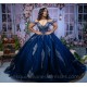 Navy Blue Quinceanera Dress Sweet 15 Gowns Off Shoulder 2024 Ball Gown Princess Dresses V Neck Lace Appliques Birthday Party Robe