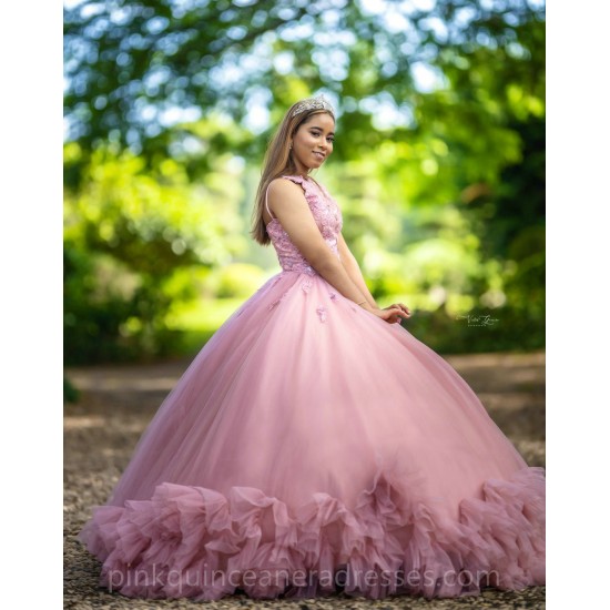 Ruffled Pink Quinceanera Dress Vestidos De 15 Anos Sleeveless Lace Appliques Wear Pageant