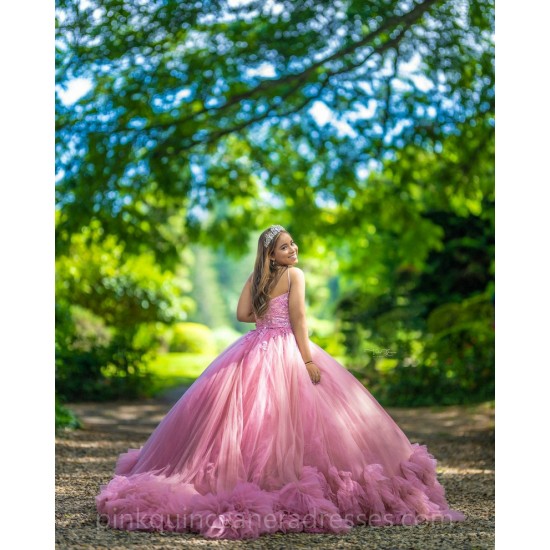 Ruffled Pink Quinceanera Dress Vestidos De 15 Anos Sleeveless Lace Appliques Wear Pageant