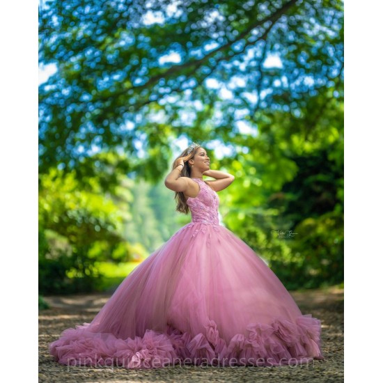 Ruffled Pink Quinceanera Dress Vestidos De 15 Anos Sleeveless Lace Appliques Wear Pageant