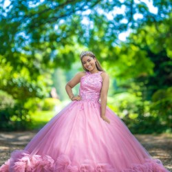 Ruffled Pink Quinceanera Dress Vestidos De 15 Anos Sleeveless Lace Appliques Wear Pageant