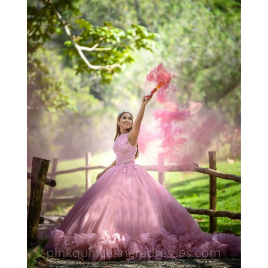 Ruffled Pink Quinceanera Dress Vestidos De 15 Anos Sleeveless Lace Appliques Wear Pageant