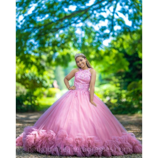 Ruffled Pink Quinceanera Dress Vestidos De 15 Anos Sleeveless Lace Appliques Wear Pageant