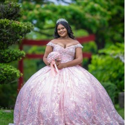 Off Shoulder Vestidos De 15 Anos Pink Quinceanera Dress Sweetheart Neck Girls Sweet 16 Dresses Sequin Wear Pageant