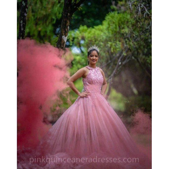 Ruffled Pink Quinceanera Dress Sleeveless 2024 Princess Dresses Lace Appliques Birthday Party Robe