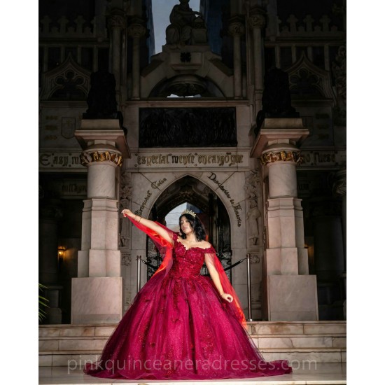 Cape Sleeve Red Quinceanera Dress Sweetheart Neck Girls Sweet 16 Dresses Off Shoulder Vestidos De 15 Anos 3D Flowers Wear Pageant