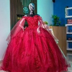 Cape Sleeve Vestidos De 15 Anos Red Quince Dress Lace Appliques Wear Pageant Sweetheart Neck Girls Sweet 16 Dresses