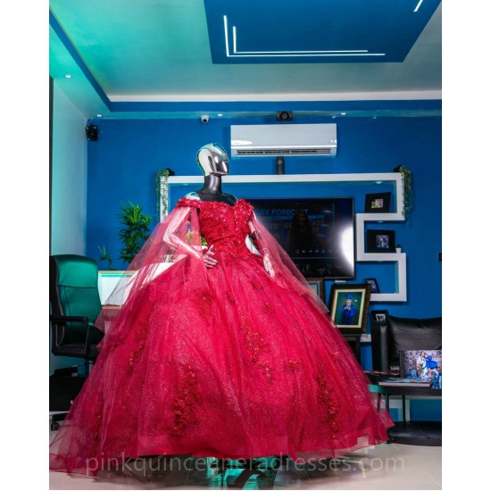 Cape Sleeve Vestidos De 15 Anos Red Quince Dress Lace Appliques Wear Pageant Sweetheart Neck Girls Sweet 16 Dresses