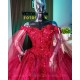 Cape Sleeve Vestidos De 15 Anos Red Quince Dress Lace Appliques Wear Pageant Sweetheart Neck Girls Sweet 16 Dresses