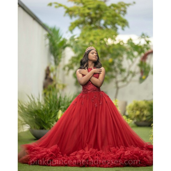 Ruffled Red Quinceanera Dress Sleeveless Wear Pageant Lace Appliques Vestidos De 15 Anos