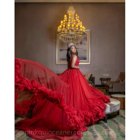 Ruffled Red Quinceanera Dress Sleeveless Wear Pageant Lace Appliques Vestidos De 15 Anos