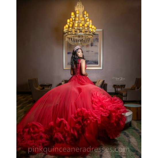 Ruffled Red Quinceanera Dress Sleeveless Wear Pageant Lace Appliques Vestidos De 15 Anos