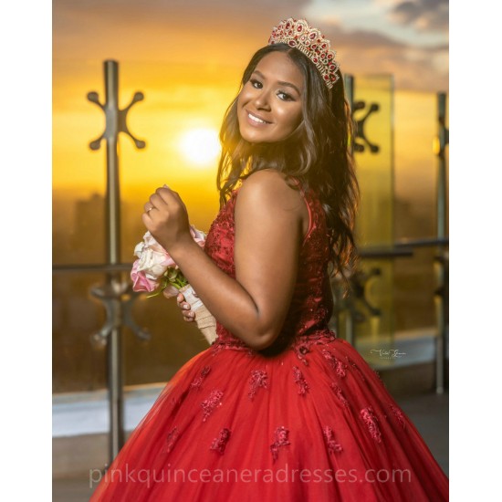 Ruffled Red Quinceanera Dress Sleeveless Wear Pageant Lace Appliques Vestidos De 15 Anos