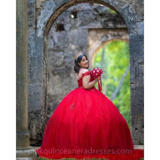 Sweetheart Neck Red Quinceanera Dress Girls Sweet 16 Dresses Off Shoulder Vestidos De 15 Anos Lace Appliques Wear Pageant