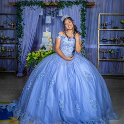 Off Shoulder Sky Blue Quince Dress Sequin Girls Sweet 16 Dresses Sweetheart Vestidos De 15 Anos Lace Appliques Wear Pageant