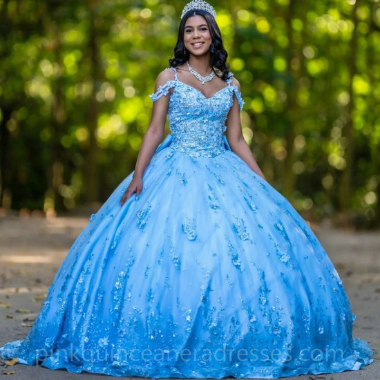 Spaghetti Strap Vestidos De 15 Anos Sky Blue Quince Dress Lace Appliques Wear Pageant Sweetheart Girls Sweet 16 Dresses