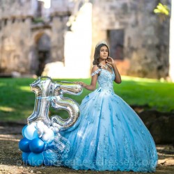 Spaghetti Strap Vestidos De 15 Anos Sky Blue Quince Dress Lace Appliques Wear Pageant Sweetheart Girls Sweet 16 Dresses