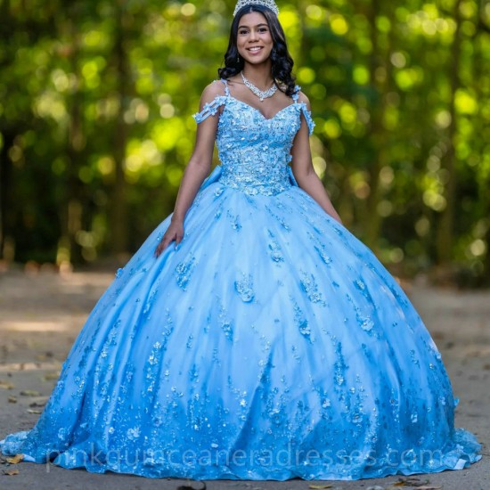 Spaghetti Strap Vestidos De 15 Anos Sky Blue Quince Dress Lace Appliques Wear Pageant Sweetheart Girls Sweet 16 Dresses