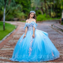 Sweetheart Neck Sky Blue Quinceanera Dress Lace Appliques Instagram Gowns Girls Sweet 16 Dresses Off Shoulder 15 Birthday Party Robe