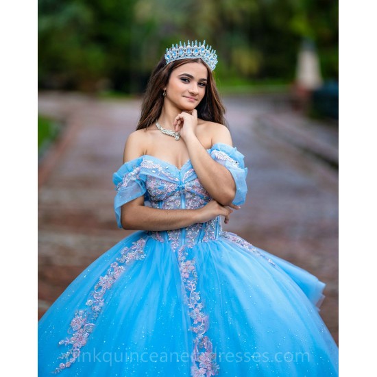 Sweetheart Neck Sky Blue Quinceanera Dress Lace Appliques Instagram Gowns Girls Sweet 16 Dresses Off Shoulder 15 Birthday Party Robe