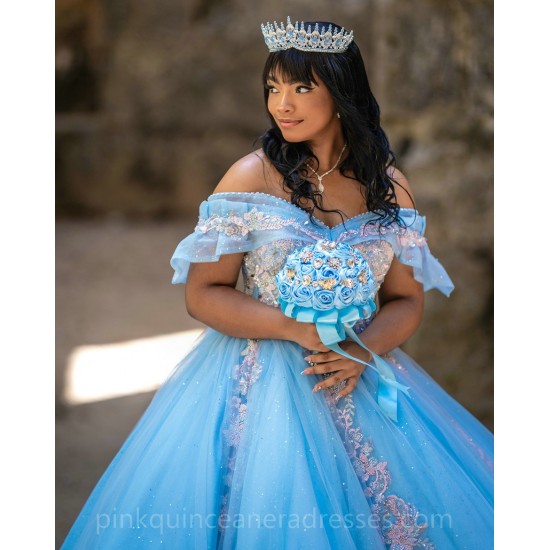 Off Shoulder Sky Blue Quinceanera Dress 2024 Ball Gown Princess Dresses Sweetheart Neck Lace Appliques Birthday Party Robe