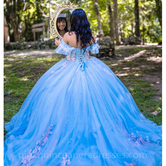 Off Shoulder Sky Blue Quinceanera Dress 2024 Ball Gown Princess Dresses Sweetheart Neck Lace Appliques Birthday Party Robe