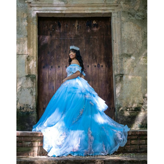 Off Shoulder Sky Blue Quinceanera Dress 2024 Ball Gown Princess Dresses Sweetheart Neck Lace Appliques Birthday Party Robe