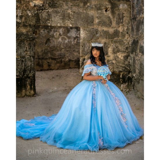 Off Shoulder Sky Blue Quinceanera Dress 2024 Ball Gown Princess Dresses Sweetheart Neck Lace Appliques Birthday Party Robe