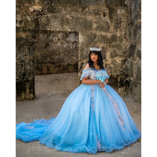 Off Shoulder Sky Blue Quinceanera Dress 2024 Ball Gown Princess Dresses Sweetheart Neck Lace Appliques Birthday Party Robe